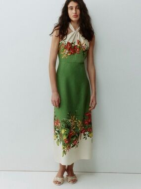 H&M Linen-blend Halterneck Dress Green/flowers 1329753001 Sizes S